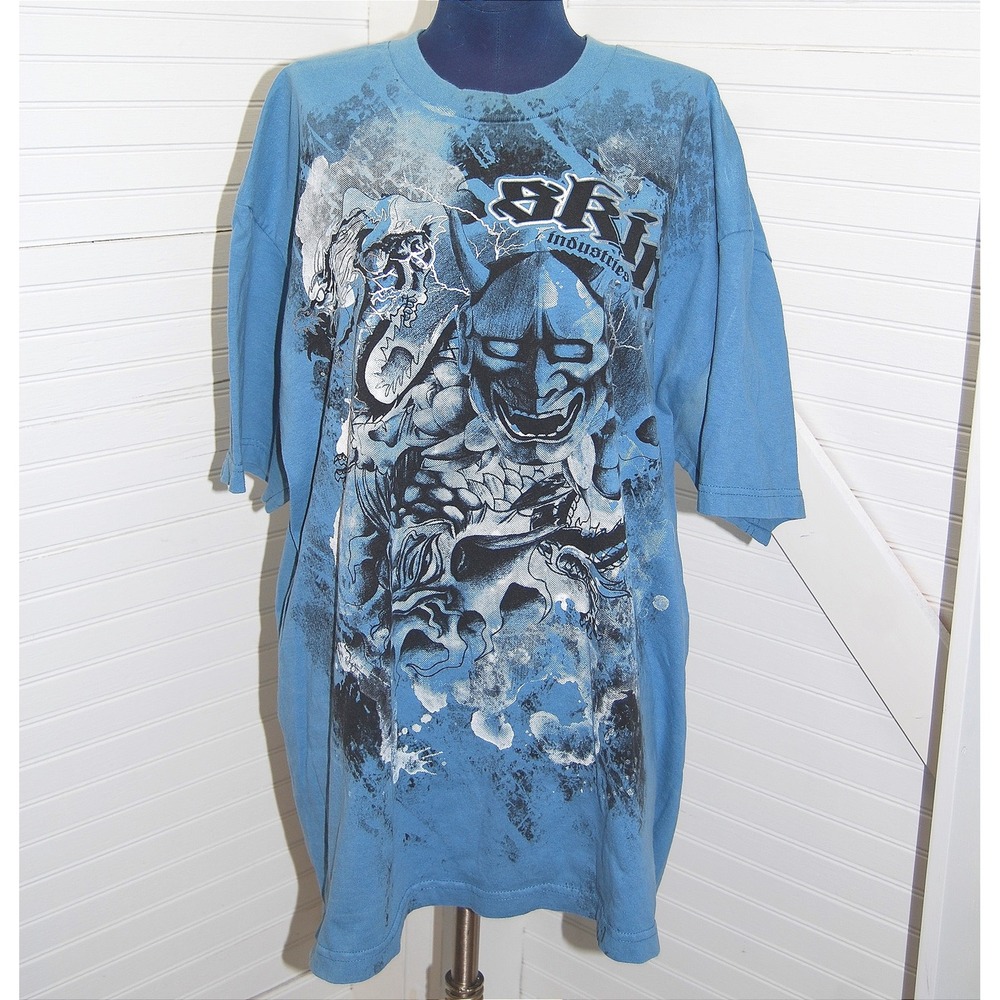 Vintage Skin Industries t-shirt‎ Men's XL Blue Grunge Y2K Dragon Hannya Mask